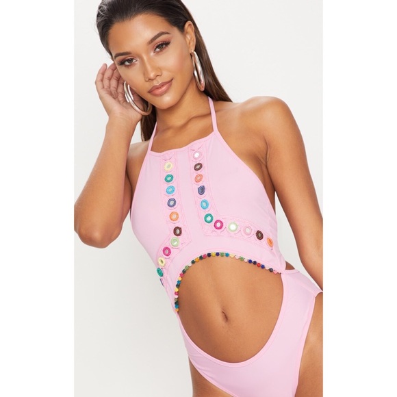 PrettyLittleThing Other - Pretty Little Thing Pink Embroidered Mirror Cut Out Middle Swimsuit Monokini